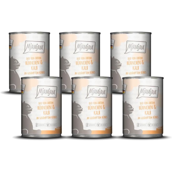 MjAMjAM Premium Wet Food for Cats, Duo, Tender Duck and Good Turkey with Steamed Pumpkin, Pack of 6 (6 x 400 g), Grain-Free with Extra Meat MjAMjAM Premium Wet Food for Cats, Duo, Tender Duck and Good Turkey with Steamed Pumpkin, Pack of 6 (6 x 400 g), Grain-Free with Extra Meat