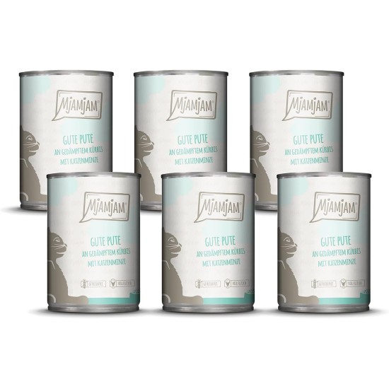 MjAMjAM Premium Wet Food for Cats, Good Turkey with Steamed Pumpkin, Pack of 6 (6 x 400 g), Grain-Free with Extra Meat MjAMjAM Premium Wet Food for Cats, Good Turkey with Steamed Pumpkin, Pack of 6 (6 x 400 g), Grain-Free with Extra Meat