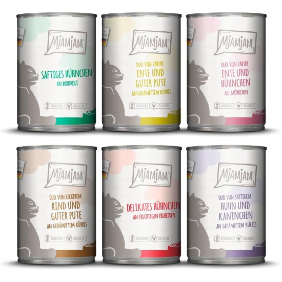 MjAMjAM Premium Wet Food for Cats, Juicy Chicken with Delicious Carrots, Pack of 6 (6 x 400 g), Grain-Free with Extra Meat MjAMjAM Premium Wet Food for Cats, Juicy Chicken with Delicious Carrots, Pack of 6 (6 x 400 g), Grain-Free with Extra Meat
