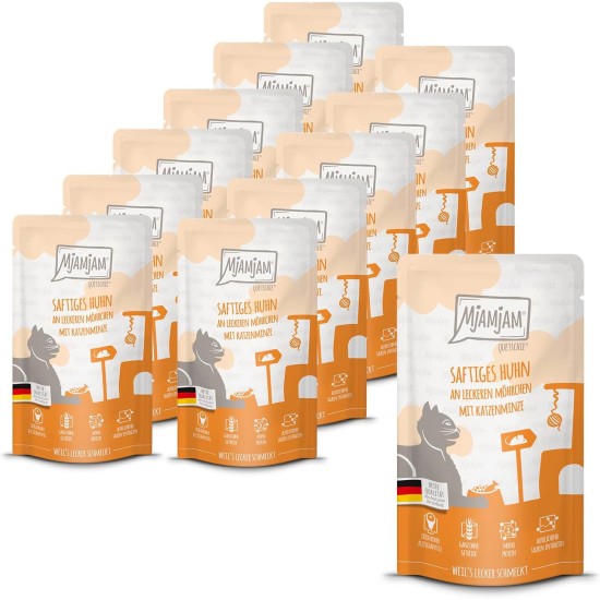 MjAMjAM Premium Wet Food for Cats, Juicy Chicken with Delicious Carrots, Pack of 6 (6 x 400 g), Grain-Free with Extra Meat MjAMjAM Premium Wet Food for Cats, Juicy Chicken with Delicious Carrots, Pack of 6 (6 x 400 g), Grain-Free with Extra Meat