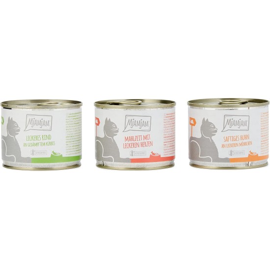 MjAMjAM Premium Wet Food for Cats, Mix Pack 1, Chicken, Beef, Heart, Pack of 6 (6 x 200 g), Grain-Free with Extra Meat MjAMjAM Premium Wet Food for Cats, Mix Pack 1, Chicken, Beef, Heart, Pack of 6 (6 x 200 g), Grain-Free with Extra Meat