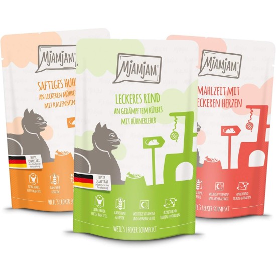 MjAMjAM Premium Wet Food for Cats, Mix Pack I ,Chicken, Beef, Heart, Pack of 125 (12 x 125 g), Cereal-Free with Extra Meat. MjAMjAM Premium Wet Food for Cats, Mix Pack I ,Chicken, Beef, Heart, Pack of 125 (12 x 125 g), Cereal-Free with Extra Meat.