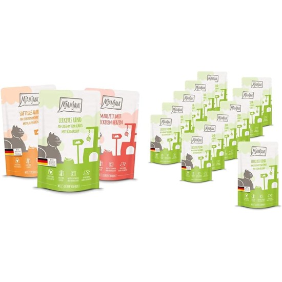 MjAMjAM Premium Wet Food for Cats, Mix Pack I ,Chicken, Beef, Heart, Pack of 125 (12 x 125 g), Cereal-Free with Extra Meat. MjAMjAM Premium Wet Food for Cats, Mix Pack I ,Chicken, Beef, Heart, Pack of 125 (12 x 125 g), Cereal-Free with Extra Meat.