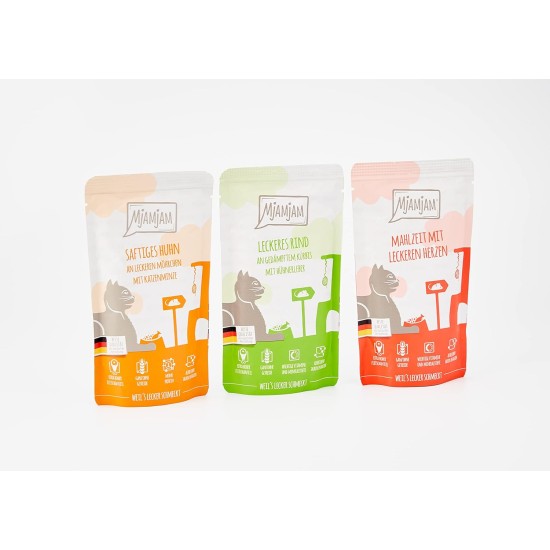 MjAMjAM Premium Wet Food for Cats, Mix Pack I ,Chicken, Beef, Heart, Pack of 125 (12 x 125 g), Cereal-Free with Extra Meat. MjAMjAM Premium Wet Food for Cats, Mix Pack I ,Chicken, Beef, Heart, Pack of 125 (12 x 125 g), Cereal-Free with Extra Meat.