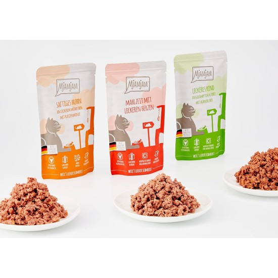 MjAMjAM Premium Wet Food for Cats, Mix Pack I ,Chicken, Beef, Heart, Pack of 125 (12 x 125 g), Cereal-Free with Extra Meat. MjAMjAM Premium Wet Food for Cats, Mix Pack I ,Chicken, Beef, Heart, Pack of 125 (12 x 125 g), Cereal-Free with Extra Meat.