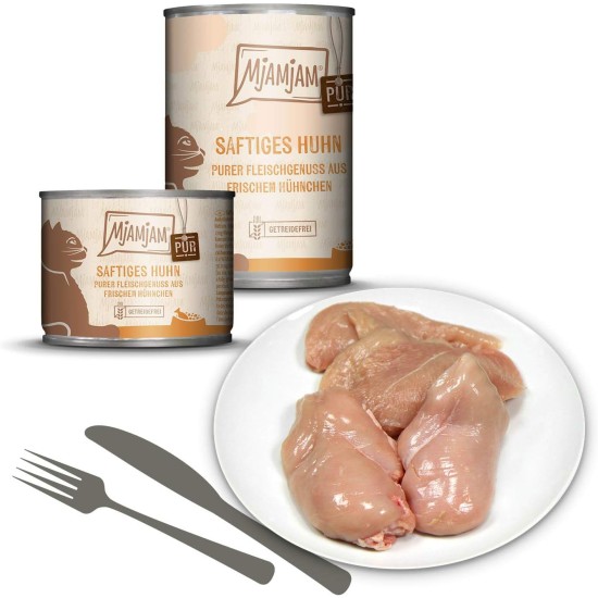 MjAMjAM Premium Wet Food for Cats, Pure Meat Enjoyment, Pure Juicy Chicken, Pack of 6 (6 x 400 g), Grain-Free with Extra Meat MjAMjAM Premium Wet Food for Cats, Pure Meat Enjoyment, Pure Juicy Chicken, Pack of 6 (6 x 400 g), Grain-Free with Extra Meat
