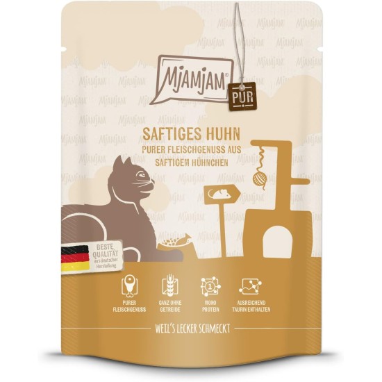 MjAMjAM Premium Wet Food for Cats, Pure Meat Enjoyment, Pure Juicy Chicken, Pack of 6 (6 x 400 g), Grain-Free with Extra Meat MjAMjAM Premium Wet Food for Cats, Pure Meat Enjoyment, Pure Juicy Chicken, Pack of 6 (6 x 400 g), Grain-Free with Extra Meat