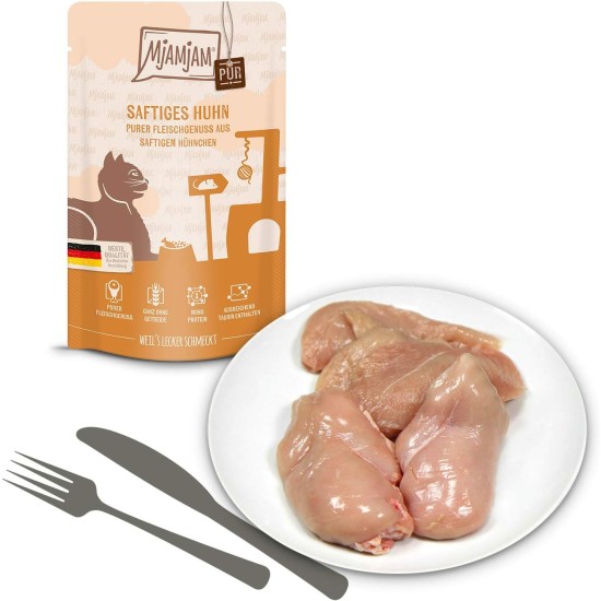 MjAMjAM Premium Wet Food for Cats, Pure Meat Enjoyment, Pure Juicy Chicken, Pack of 6 (6 x 400 g), Grain-Free with Extra Meat MjAMjAM Premium Wet Food for Cats, Pure Meat Enjoyment, Pure Juicy Chicken, Pack of 6 (6 x 400 g), Grain-Free with Extra Meat