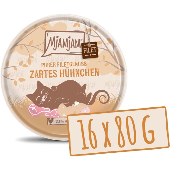 MjAMjAM Premium Wet Food for Cats, Tender Fillet of Chicken, 80 g, Pack of 16 (16 x 80 g), Natural with Extra Meat MjAMjAM Premium Wet Food for Cats, Tender Fillet of Chicken, 80 g, Pack of 16 (16 x 80 g), Natural with Extra Meat