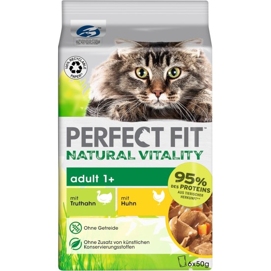 PERFECT FIT Adult 1+ Premium Wet Cat Food - 36 x 50 g Portion Bag - with Chicken and Turkey - Wet Food for Cats - No Grain PERFECT FIT Adult 1+ Premium Wet Cat Food - 36 x 50 g Portion Bag - with Chicken and Turkey - Wet Food for Cats - No Grain