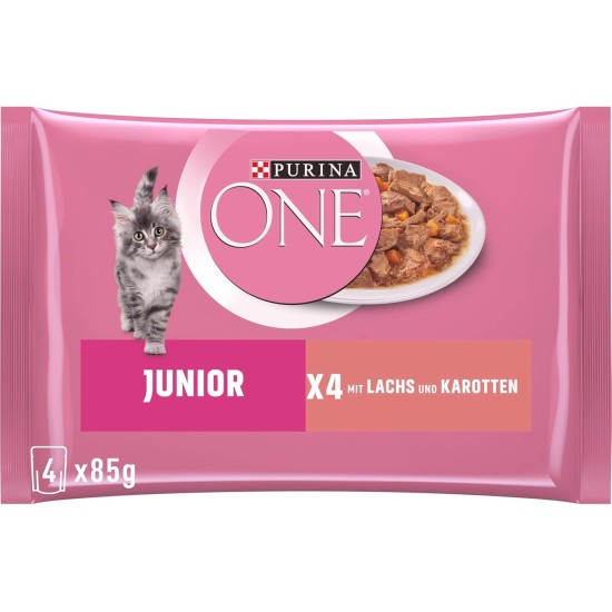 PURINA ONE Junior Kitten Food Wet Delicate Pieces in Sauce with Salmon and Carrots, Pack of 12 (12 x 4 of 85 g) PURINA ONE Junior Kitten Food Wet Delicate Pieces in Sauce with Salmon and Carrots, Pack of 12 (12 x 4 of 85 g)