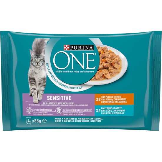 PURINA ONE Moist Cat Filellini in Sensitive Sauce with Chicken and Carrots, with Tuna and Carrots - 48 Bags of 85g (12 Packs of 4 x 85g) PURINA ONE Moist Cat Filellini in Sensitive Sauce with Chicken and Carrots, with Tuna and Carrots - 48 Bags of 85g (12 Packs of 4 x 85g)