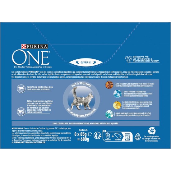 PURINA ONE Sterilised Cat Conical Sauce Sardines Duck Beef 8 x 85g PURINA ONE Sterilised Cat Conical Sauce Sardines Duck Beef 8 x 85g