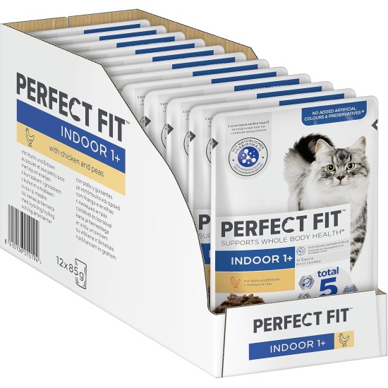 Perfect Fit Indoor 1+ Wet Food for Adult House Cats from 1 Year, Supports Vitality, Different Varieties