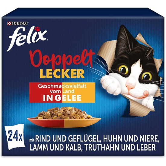 Purina Felix As Good as It Looks Double Delicious in Jelly Variety of Flavours from the Land Cat Wet Food 24 x 85 g Portion Bag Purina Felix As Good as It Looks Double Delicious in Jelly Variety of Flavours from the Land Cat Wet Food 24 x 85 g Portion Bag
