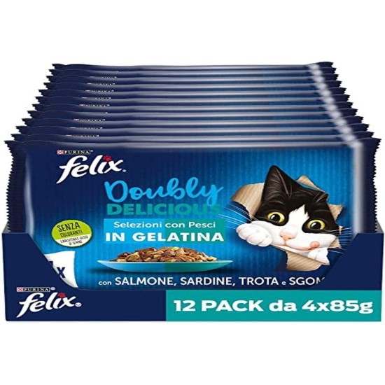 Purina Felix Le Ghiottonerie Doubly Delicious Wet for Cats with Salmon and Sardines, Tea and Mackerel, 48 Bags of 85 g Purina Felix Le Ghiottonerie Doubly Delicious Wet for Cats with Salmon and Sardines, Tea and Mackerel, 48 Bags of 85 g
