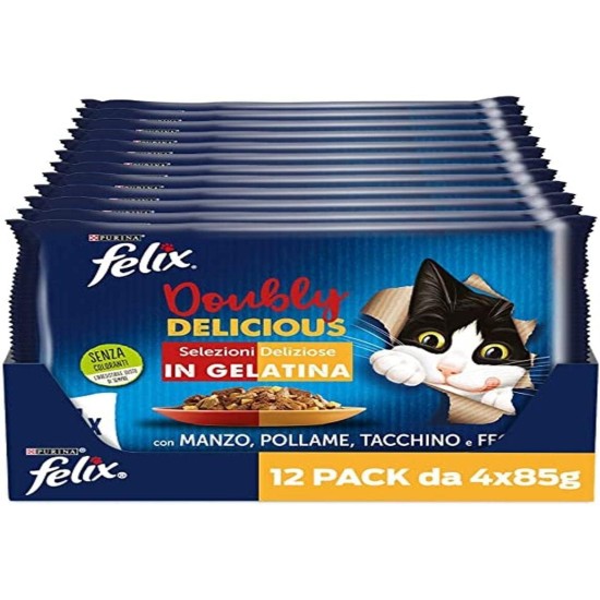 Purina Felix Le Ghiottonerie Doubly Delicious Wet for Cats with Salmon and Sardines, Tea and Mackerel, 48 Bags of 85 g Purina Felix Le Ghiottonerie Doubly Delicious Wet for Cats with Salmon and Sardines, Tea and Mackerel, 48 Bags of 85 g