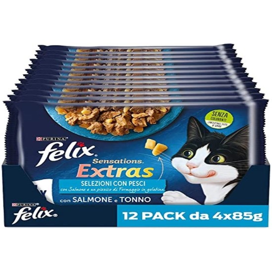Purina Felix Sensations Extras Humidifier for Cats with Salmon and a Pinch of Cheese and Tuna and a Pinch of Cheese, 48 Bags of 85 g