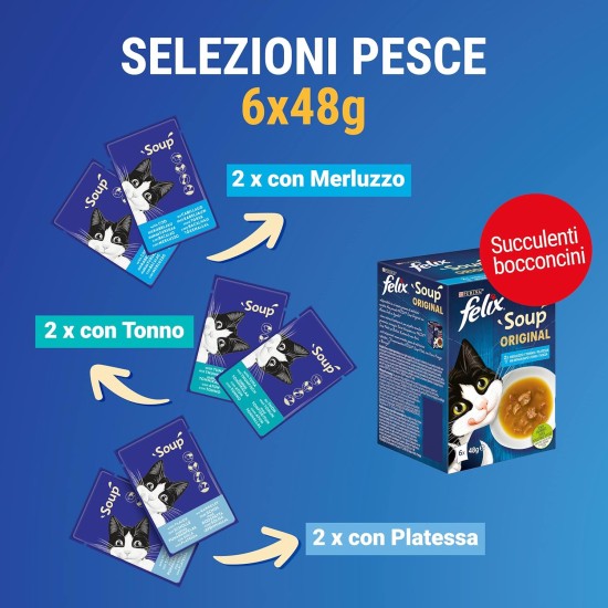 Purina Felix Soup Original Wet Cat Food with Cod, Tuna and Platessa - 8 Packs of 48 Bags of 48 g Each Purina Felix Soup Original Wet Cat Food with Cod, Tuna and Platessa - 8 Packs of 48 Bags of 48 g Each