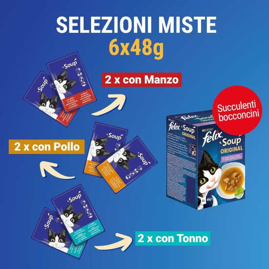 Purina Felix Soup Original Wet Cat Food with Cod, Tuna and Platessa - 8 Packs of 48 Bags of 48 g Each Purina Felix Soup Original Wet Cat Food with Cod, Tuna and Platessa - 8 Packs of 48 Bags of 48 g Each
