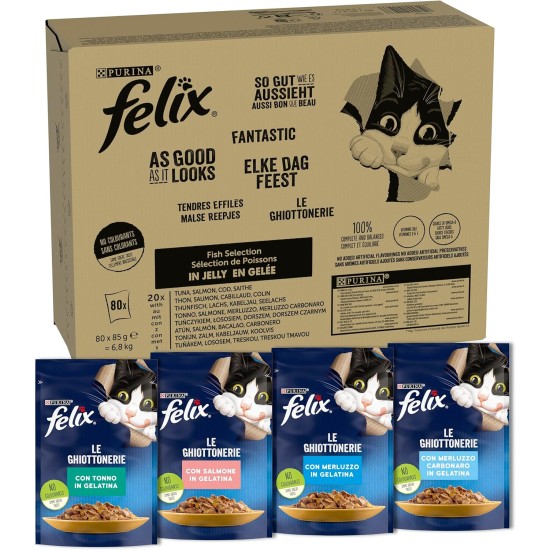 Purina Felix Wet Cat Food with Tuna, Salmon, Cod, Cod, 80 Bags of 85 g Purina Felix Wet Cat Food with Tuna, Salmon, Cod, Cod, 80 Bags of 85 g