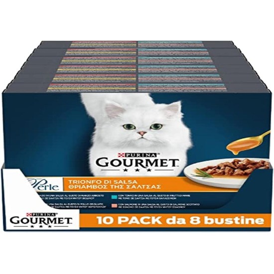 Purina Gourmet Beads Triumph of Wet Sauce Cat with Beef, Chicken, Salmon and Tuna, 80 Bags of 85 g Purina Gourmet Beads Triumph of Wet Sauce Cat with Beef, Chicken, Salmon and Tuna, 80 Bags of 85 g