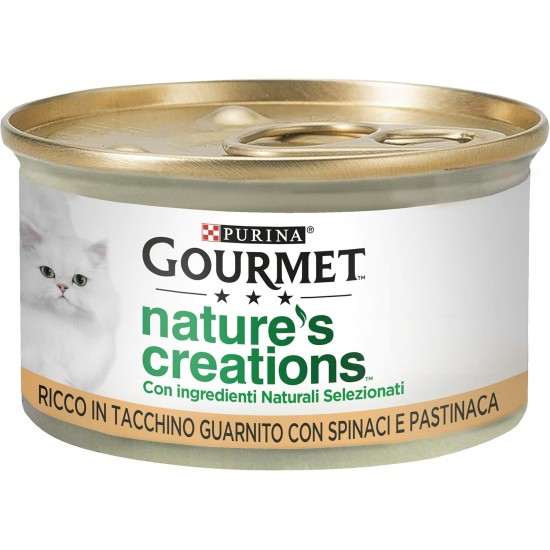 Purina Gourmet Nature's Creations Turkey Rich Wet Cat Food Garnished with Spinach and Parsnips, 24 x 85 g Tubs Purina Gourmet Nature's Creations Turkey Rich Wet Cat Food Garnished with Spinach and Parsnips, 24 x 85 g Tubs