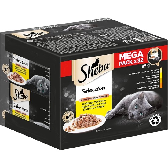 SHEBA Adult Wet Cat Food - 32 x 85 g Bowls - Poultry Variation in Sauce - Wet Food for Cats - 1 Bulk Pack SHEBA Adult Wet Cat Food - 32 x 85 g Bowls - Poultry Variation in Sauce - Wet Food for Cats - 1 Bulk Pack