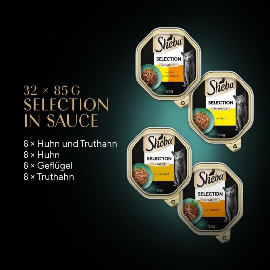 SHEBA Adult Wet Cat Food - 32 x 85 g Bowls - Poultry Variation in Sauce - Wet Food for Cats - 1 Bulk Pack SHEBA Adult Wet Cat Food - 32 x 85 g Bowls - Poultry Variation in Sauce - Wet Food for Cats - 1 Bulk Pack