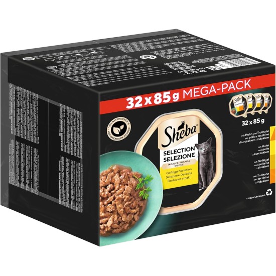 SHEBA Adult Wet Cat Food - 32 x 85 g Bowls - Poultry Variation in Sauce - Wet Food for Cats - 1 Bulk Pack SHEBA Adult Wet Cat Food - 32 x 85 g Bowls - Poultry Variation in Sauce - Wet Food for Cats - 1 Bulk Pack