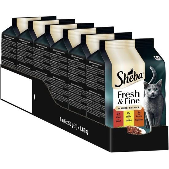 SHEBA Portion Bag Cat Food Multipack Fresh & Fine in Sauce with Beef and Chicken, 6 x 6 x 50 g - Premium Cat Food in Sauce, Ideal for Your Cat SHEBA Portion Bag Cat Food Multipack Fresh & Fine in Sauce with Beef and Chicken, 6 x 6 x 50 g - Premium Cat Food in Sauce, Ideal for Your Cat