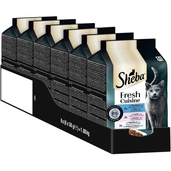 SHEBA Portion Bag Cat Food Multipack Fresh Cuisine Taste of Tokyo with Tuna and Salmon MSC, 6 x 6 x 50 g - Exquisite Cat Food with Tuna and Salmon SHEBA Portion Bag Cat Food Multipack Fresh Cuisine Taste of Tokyo with Tuna and Salmon MSC, 6 x 6 x 50 g - Exquisite Cat Food with Tuna and Salmon