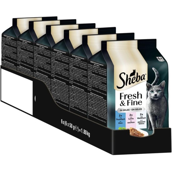 SHEBA Portion Bag Cat Wet Food Multipack Fresh & Fine in Jelly with Tuna and Salmon MSC, 6 x 6 x 50 g - Healthy Meals for Cats with Jelly SHEBA Portion Bag Cat Wet Food Multipack Fresh & Fine in Jelly with Tuna and Salmon MSC, 6 x 6 x 50 g - Healthy Meals for Cats with Jelly