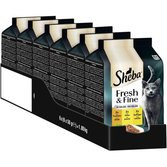 SHEBA Portion Bag Cat Wet Food Multipack Fresh & Fine in Jelly with Turkey and Chicken, 6 x 6 x 50 g - High-Quality Cat Food in Jelly with Turkey and Chicken SHEBA Portion Bag Cat Wet Food Multipack Fresh & Fine in Jelly with Turkey and Chicken, 6 x 6 x 50 g - High-Quality Cat Food in Jelly with Turkey and Chicken