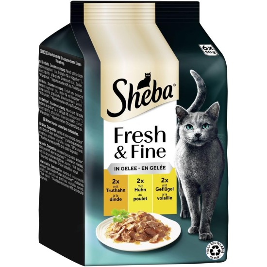 SHEBA Portion Bag Cat Wet Food Multipack Fresh & Fine in Jelly with Turkey and Chicken, 6 x 6 x 50 g - High-Quality Cat Food in Jelly with Turkey and Chicken SHEBA Portion Bag Cat Wet Food Multipack Fresh & Fine in Jelly with Turkey and Chicken, 6 x 6 x 50 g - High-Quality Cat Food in Jelly with Turkey and Chicken