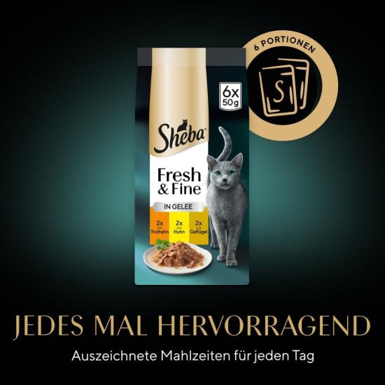 SHEBA Portion Bag Cat Wet Food Multipack Fresh & Fine in Jelly with Turkey and Chicken, 6 x 6 x 50 g - High-Quality Cat Food in Jelly with Turkey and Chicken SHEBA Portion Bag Cat Wet Food Multipack Fresh & Fine in Jelly with Turkey and Chicken, 6 x 6 x 50 g - High-Quality Cat Food in Jelly with Turkey and Chicken