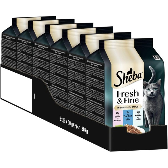 SHEBA Portion Bag Wet Cat Food Multipack Fresh & Fine in Sauce with Salmon and Tuna MSC, 6 x 6 x 50 g - Premium Cat Food in Sauce with Salmon and Tuna SHEBA Portion Bag Wet Cat Food Multipack Fresh & Fine in Sauce with Salmon and Tuna MSC, 6 x 6 x 50 g - Premium Cat Food in Sauce with Salmon and Tuna
