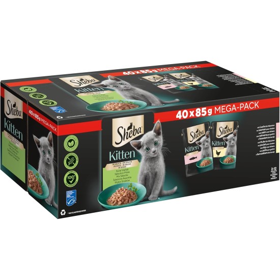 SHEBA® Portionsbeutel Multipack Mega-Pack Kitten in Sauce Feine Vielfalt mit Lachs, mit Huhn MSC 40 x 85g SHEBA® Portionsbeutel Multipack Mega-Pack Kitten in Sauce Feine Vielfalt mit Lachs, mit Huhn MSC 40 x 85g
