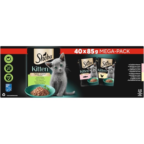 SHEBA® Portionsbeutel Multipack Mega-Pack Kitten in Sauce Feine Vielfalt mit Lachs, mit Huhn MSC 40 x 85g SHEBA® Portionsbeutel Multipack Mega-Pack Kitten in Sauce Feine Vielfalt mit Lachs, mit Huhn MSC 40 x 85g