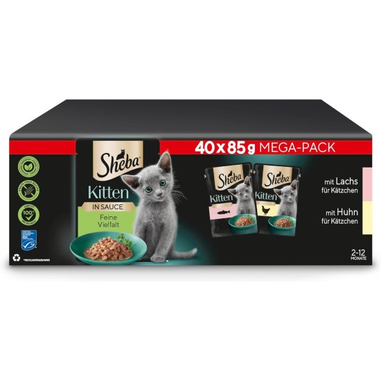 SHEBA® Portionsbeutel Multipack Mega-Pack Kitten in Sauce Feine Vielfalt mit Lachs, mit Huhn MSC 40 x 85g SHEBA® Portionsbeutel Multipack Mega-Pack Kitten in Sauce Feine Vielfalt mit Lachs, mit Huhn MSC 40 x 85g