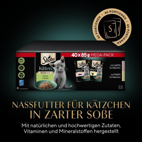 SHEBA® Portionsbeutel Multipack Mega-Pack Kitten in Sauce Feine Vielfalt mit Lachs, mit Huhn MSC 40 x 85g SHEBA® Portionsbeutel Multipack Mega-Pack Kitten in Sauce Feine Vielfalt mit Lachs, mit Huhn MSC 40 x 85g