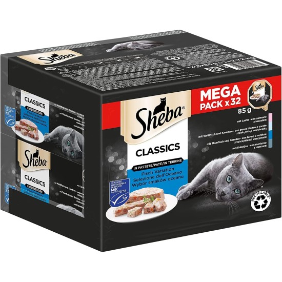 Sheba Classics in Pate - Finest Wet Cat Food in Bowl - Fish Variation (MSC) with Salmon, White Fish, Tuna and Cod - 32 x 85 g Sheba Classics in Pate - Finest Wet Cat Food in Bowl - Fish Variation (MSC) with Salmon, White Fish, Tuna and Cod - 32 x 85 g