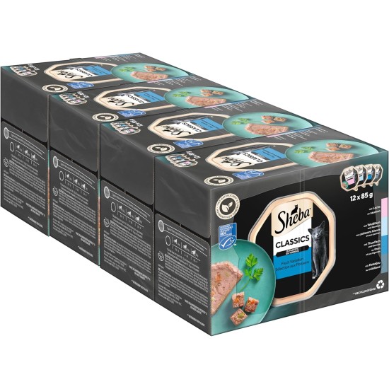 Sheba Classics in Pate - Finest Wet Cat Food in Bowl - Fish Variation (MSC) with Salmon, White Fish, Tuna and Cod - 32 x 85 g Sheba Classics in Pate - Finest Wet Cat Food in Bowl - Fish Variation (MSC) with Salmon, White Fish, Tuna and Cod - 32 x 85 g