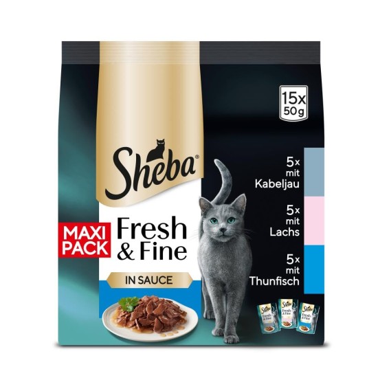 Sheba Fresh & Fine Multipack Portion Bags 3 Varieties Cod, Salmon, Tuna in Sauce MSC 5 x 15 x 50 g Sheba Fresh & Fine Multipack Portion Bags 3 Varieties Cod, Salmon, Tuna in Sauce MSC 5 x 15 x 50 g