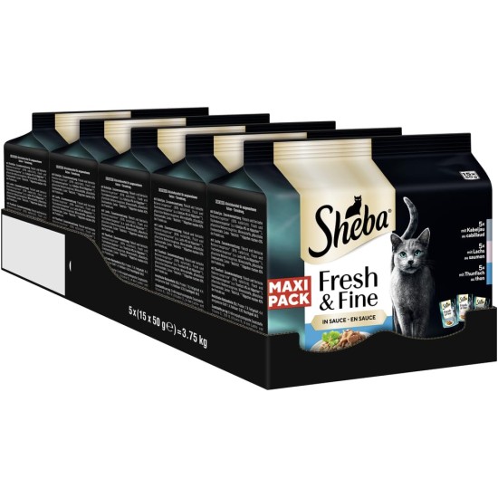 Sheba Fresh & Fine Multipack Portion Bags 3 Varieties Cod, Salmon, Tuna in Sauce MSC 5 x 15 x 50 g Sheba Fresh & Fine Multipack Portion Bags 3 Varieties Cod, Salmon, Tuna in Sauce MSC 5 x 15 x 50 g