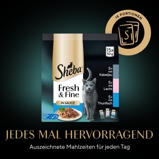 Sheba Fresh & Fine Multipack Portion Bags 3 Varieties Cod, Salmon, Tuna in Sauce MSC 5 x 15 x 50 g Sheba Fresh & Fine Multipack Portion Bags 3 Varieties Cod, Salmon, Tuna in Sauce MSC 5 x 15 x 50 g