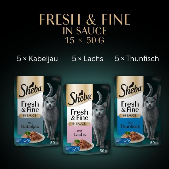 Sheba Fresh & Fine Multipack Portion Bags 3 Varieties Cod, Salmon, Tuna in Sauce MSC 5 x 15 x 50 g Sheba Fresh & Fine Multipack Portion Bags 3 Varieties Cod, Salmon, Tuna in Sauce MSC 5 x 15 x 50 g