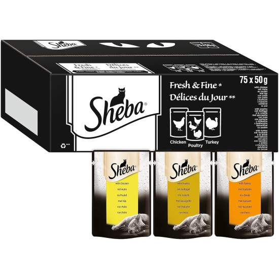 Sheba Fresh & Fine in Sauce, High-Quality Wet Cat Food, Portion Bag, Multipack with Chicken, Poultry and Turkey, 75 x 50 g Sheba Fresh & Fine in Sauce, High-Quality Wet Cat Food, Portion Bag, Multipack with Chicken, Poultry and Turkey, 75 x 50 g