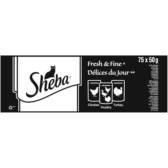 Sheba Fresh & Fine in Sauce, High-Quality Wet Cat Food, Portion Bag, Multipack with Chicken, Poultry and Turkey, 75 x 50 g Sheba Fresh & Fine in Sauce, High-Quality Wet Cat Food, Portion Bag, Multipack with Chicken, Poultry and Turkey, 75 x 50 g