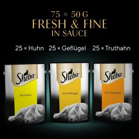Sheba Fresh & Fine in Sauce, High-Quality Wet Cat Food, Portion Bag, Multipack with Chicken, Poultry and Turkey, 75 x 50 g Sheba Fresh & Fine in Sauce, High-Quality Wet Cat Food, Portion Bag, Multipack with Chicken, Poultry and Turkey, 75 x 50 g